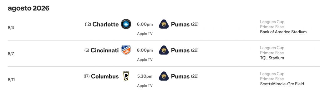Calendario de partidos de Pumas en agosto 2026.