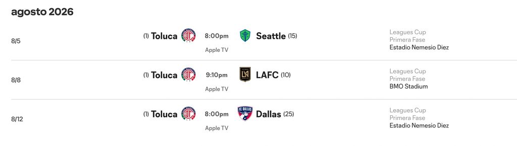 Calendario de partidos de Toluca en agosto 2026.