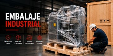 Trabajador embalando maquinaria industrial con plástico y madera.