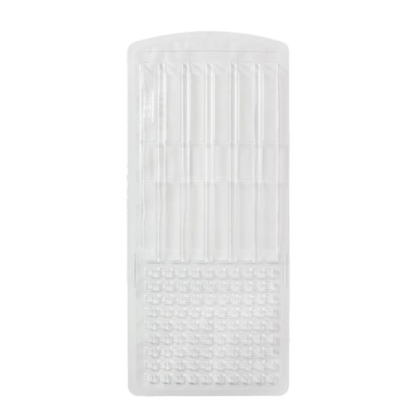 Clear rectangular plastic mold with compartments.