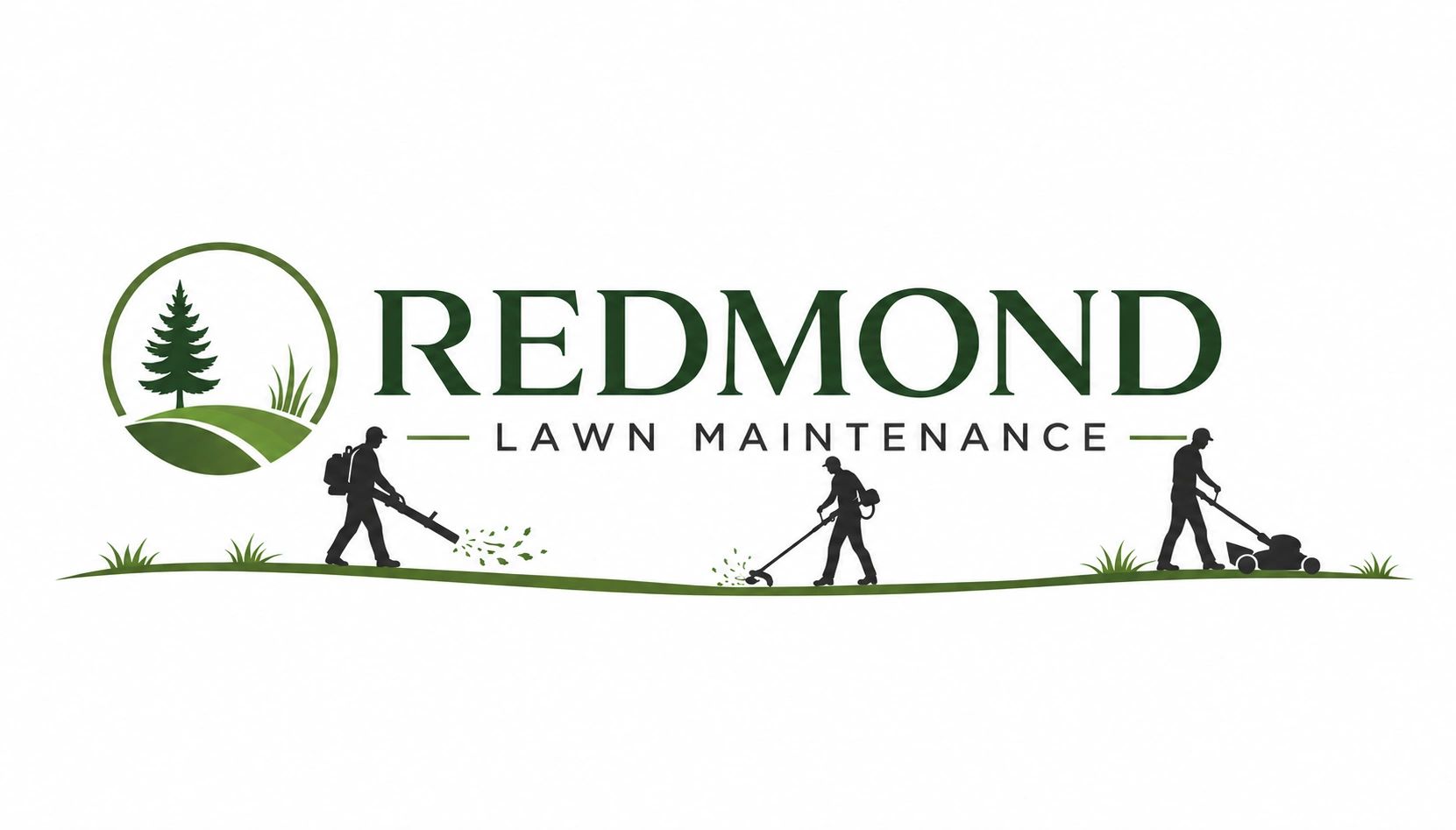 Logo for Redmond Lawn Maintenance featuring lawn care silhouettes and nature elements.