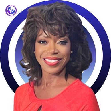 Smiling woman with curly hair wearing a red top against a blue circular background.