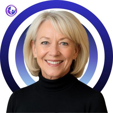Smiling mature woman with blonde hair in black turtleneck against blue circular background.