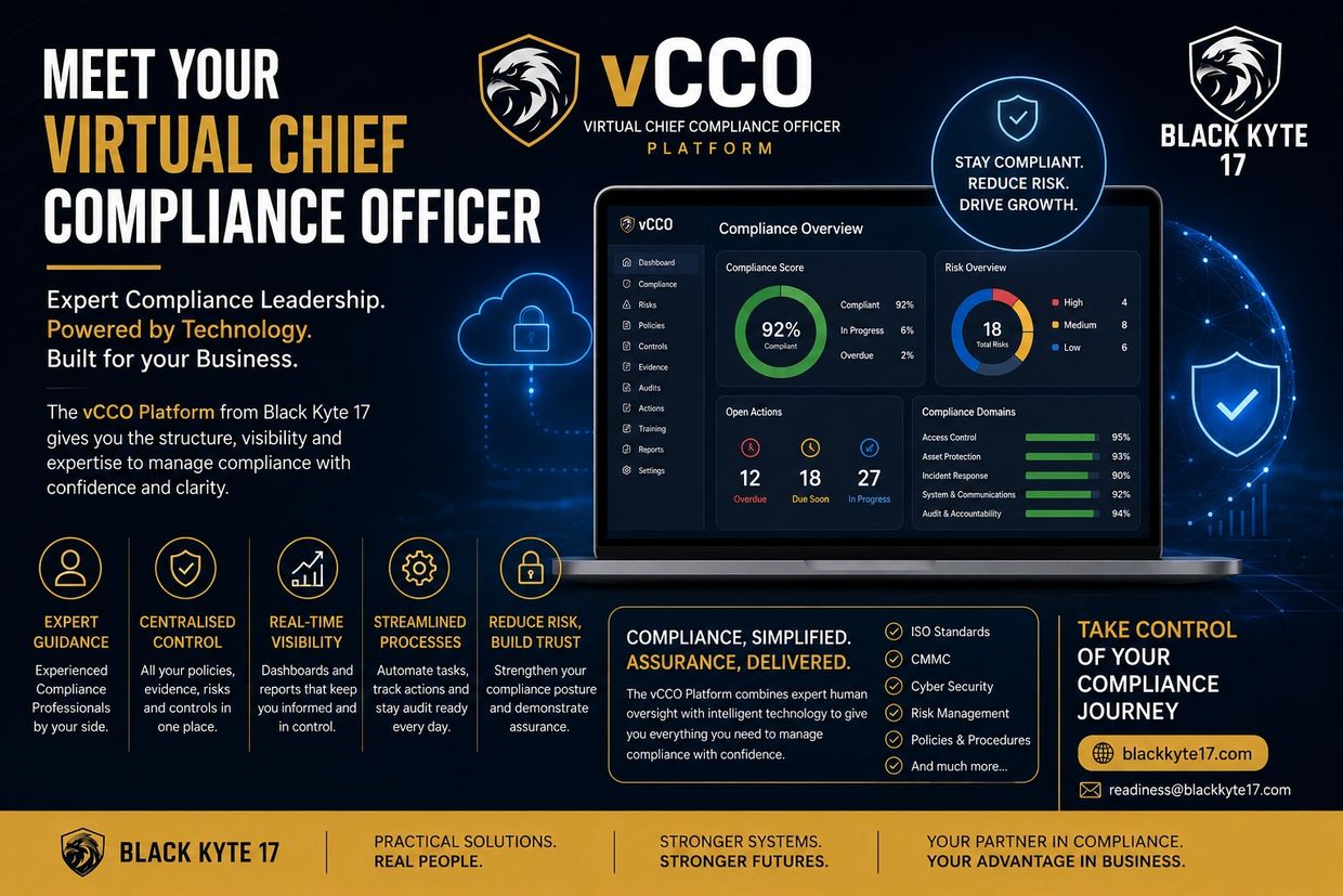 Introducing vCCO, a Virtual Chief Compliance Officer platform by Black Kyte 17 for expert compliance management.
