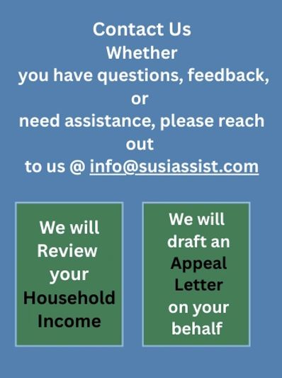 Blue box with Contact Us at info@susiassist.com We will Review and draft Appeal