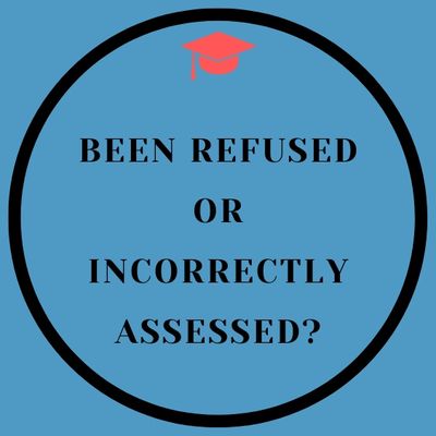 Text enclosed in a black cirle "Been Refused or Incorrectly Assessed" with an orange graduation hat