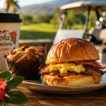 Breakfast sandwich with eggs and bacon, muffin, and coffee outdoors.