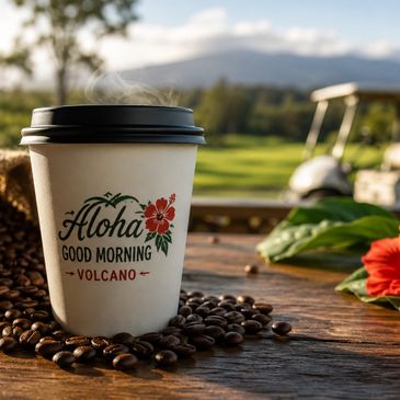 Coffee cup with 'Aloha Good Morning Volcano' surrounded by coffee beans on wooden table outdoors.
