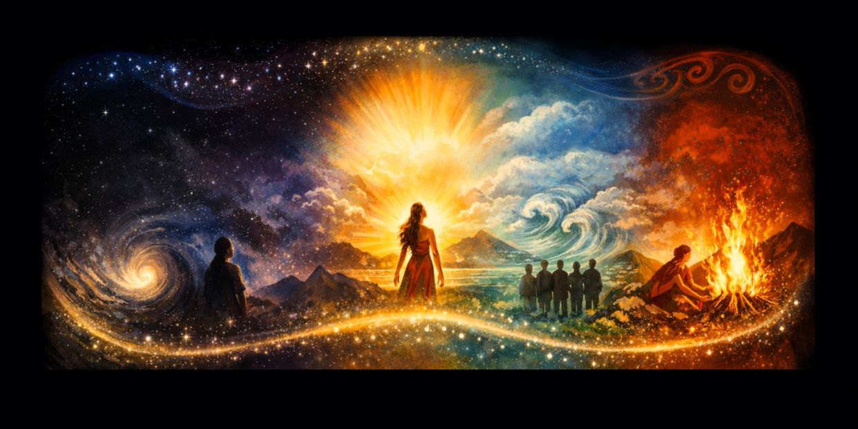 A mystical scene blending cosmic stars, sunlight, ocean waves, and fire with people immersed in nature.