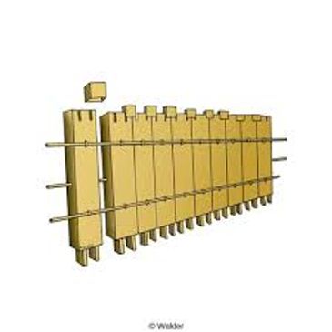 Traditional wooden xylophone with rectangular bars and resonators.
