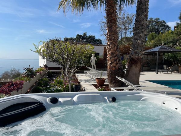 Hot tub overlooking a garden, pool, and ocean with a statue and palm trees.