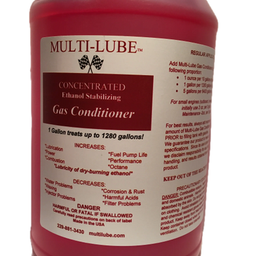 A red 1-gallon container of Multi-Lube concentrated ethanol stabilizing gas conditioner.