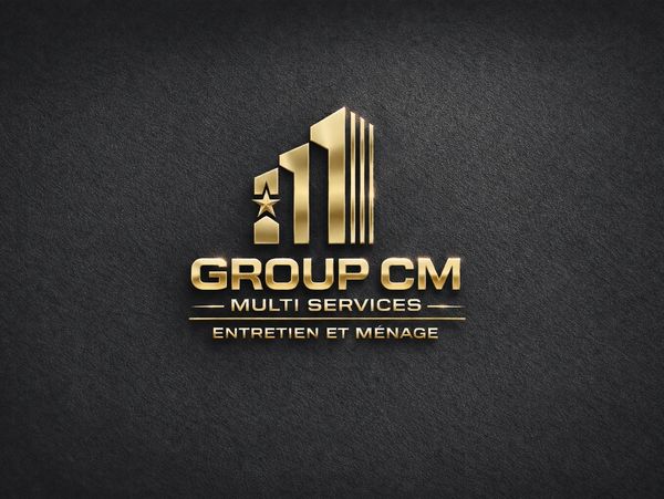 Elegant gold logo for Group CM Multi Services on dark background.