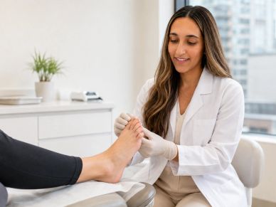 Podiatrist examining patient's foot in clinic.