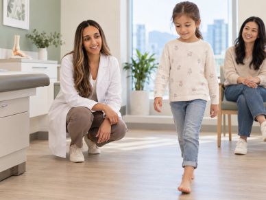 Child walking barefoot in a clinic with doctor and mother.