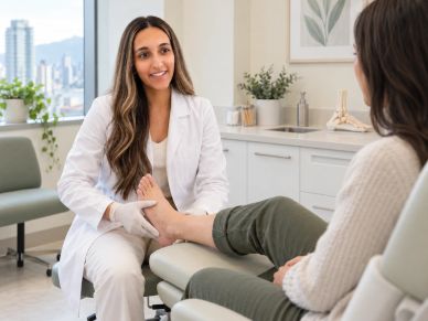 Doctor examining patient's foot in clinic.