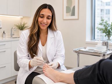 A podiatrist treating a patient's foot in a clinic.