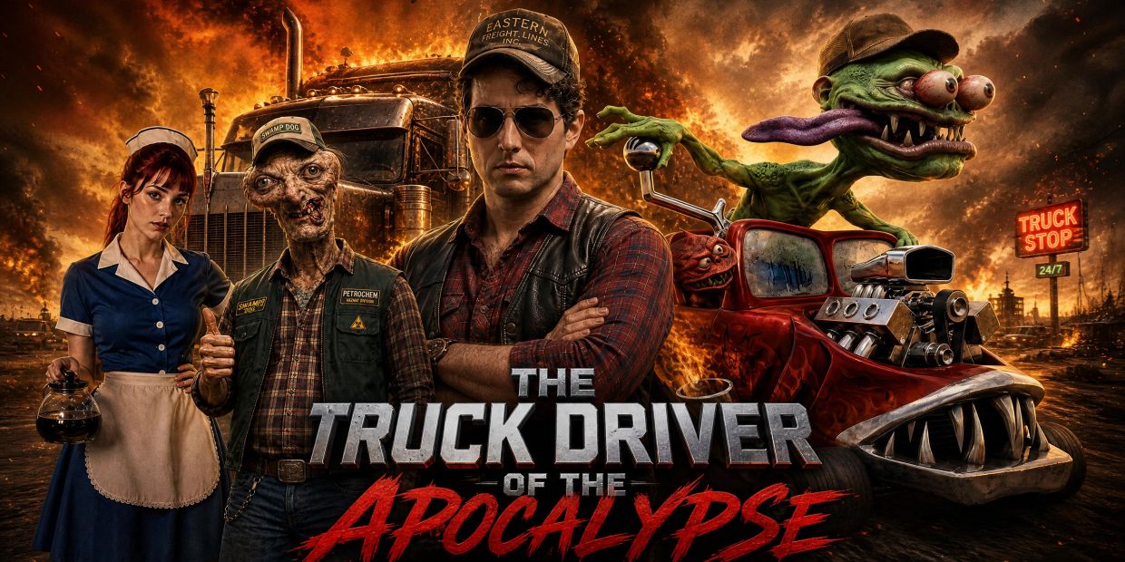 Characters standing in front of a burning truck with a monstrous green creature and a hot rod car.
