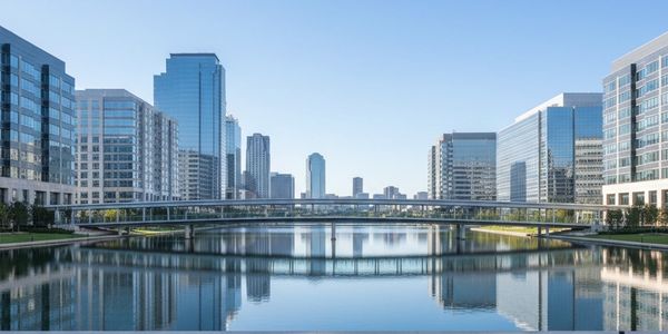      A city by the river and a bridge above