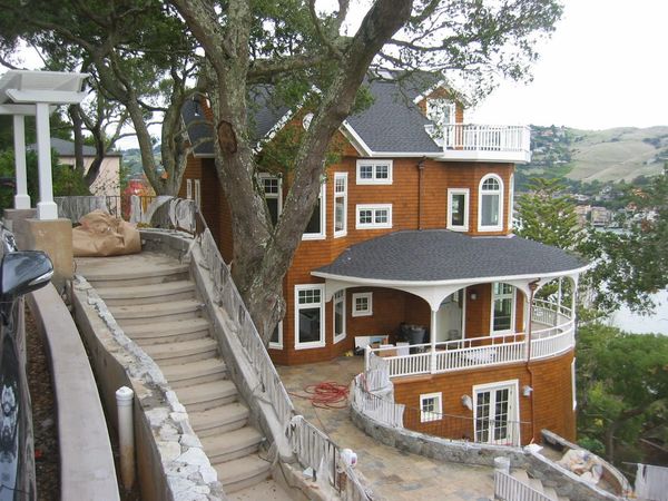 Large house beside a towering tree.