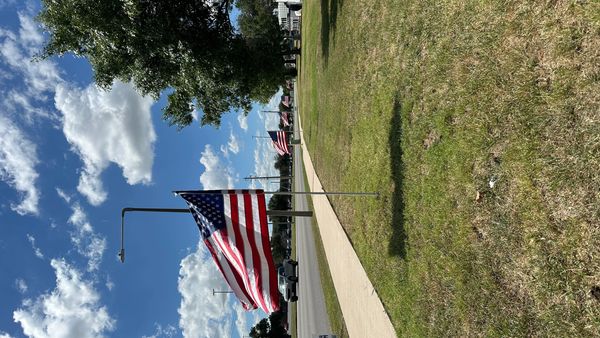 American flags lined up along a roadside under a partly cloudy sky.