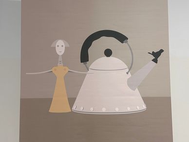 Abstract painting of a figure and a kettle.