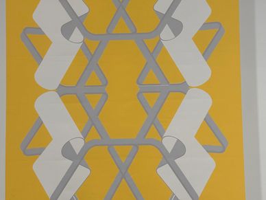 Symmetrical geometric pattern with white and gray shapes on yellow.