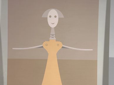 Minimalist abstract painting of a figure with a smiling face.