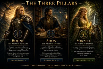 Fantasy artwork depicting three heroes symbolizing restraint, systems, and balance.