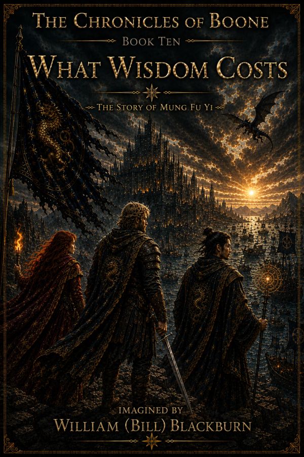 Epic fantasy book cover with three characters, a dragon, and a glowing city at sunset.