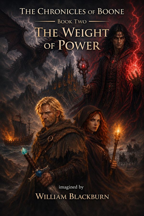 Fantasy book cover with warriors, a sorcerer, and a dragon in a dark, stormy setting.