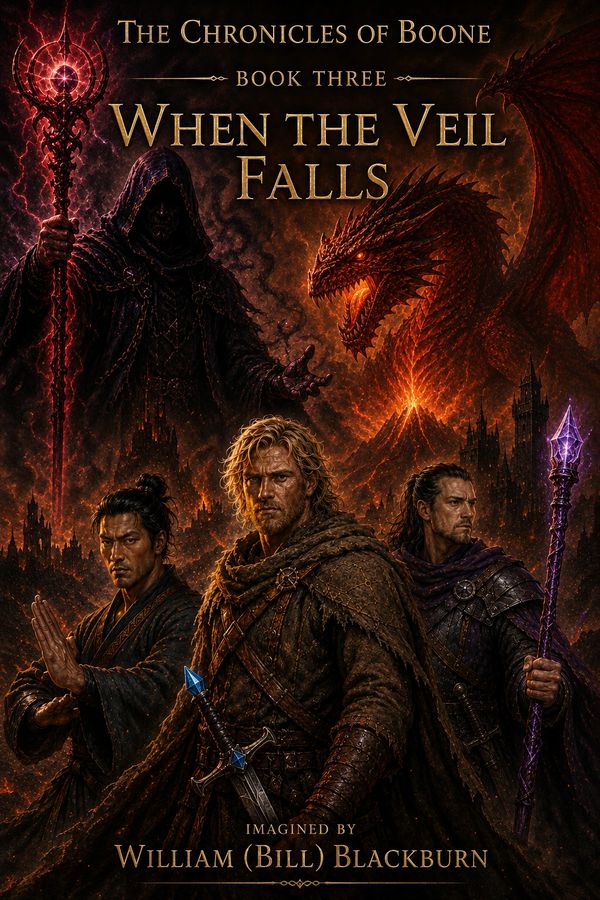 Epic fantasy book cover with warriors, a dark mage, and a fiery dragon.