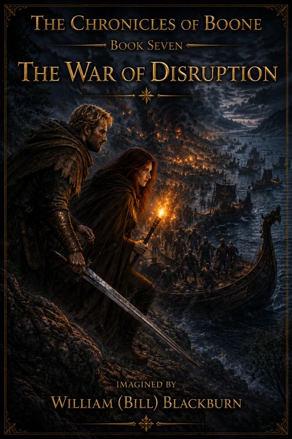 Two warriors overlooking a war fleet at night.