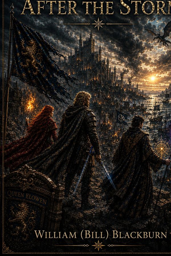 Fantasy book cover with warriors, magic, and a dragon.