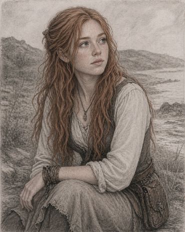 A contemplative young woman with long red hair sitting outdoors by the coast.