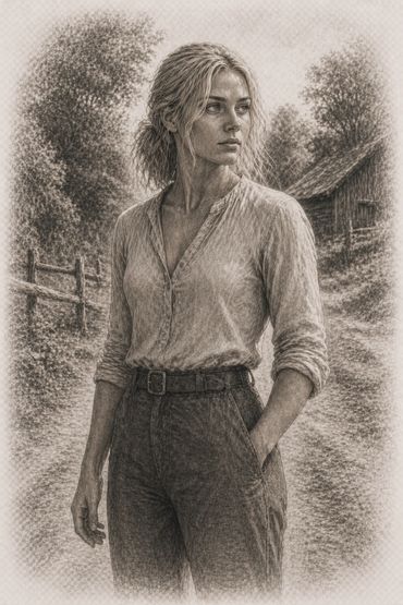 Sepia-toned portrait of a contemplative woman in rustic attire standing outdoors.