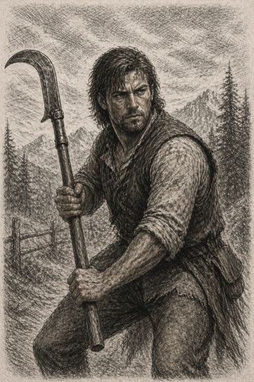 A rugged man holding a large sickle in a mountainous forest setting.