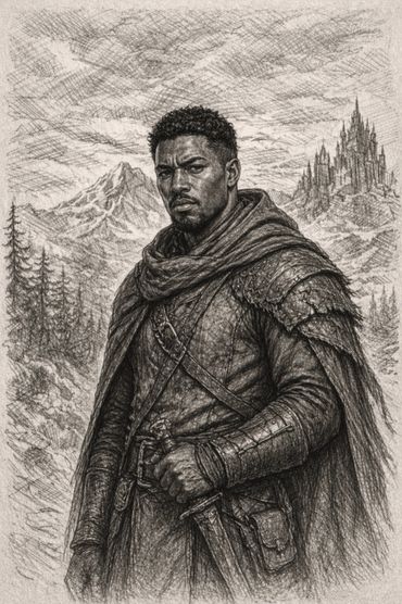 Detailed drawing of a medieval warrior in armor with a castle and mountains in the background.