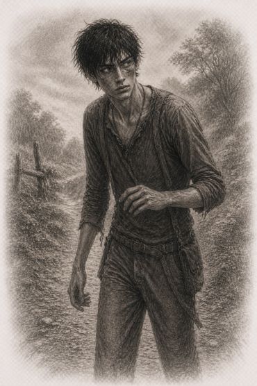 A young man with disheveled hair stands cautiously on a forest path.