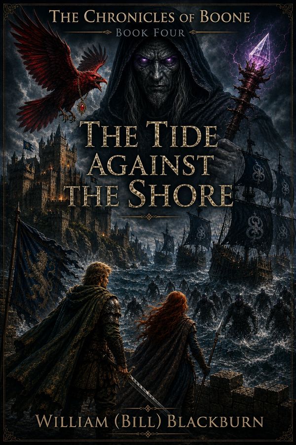 Dark fantasy book cover with warriors and a sorcerer overlooking a stormy sea battle.