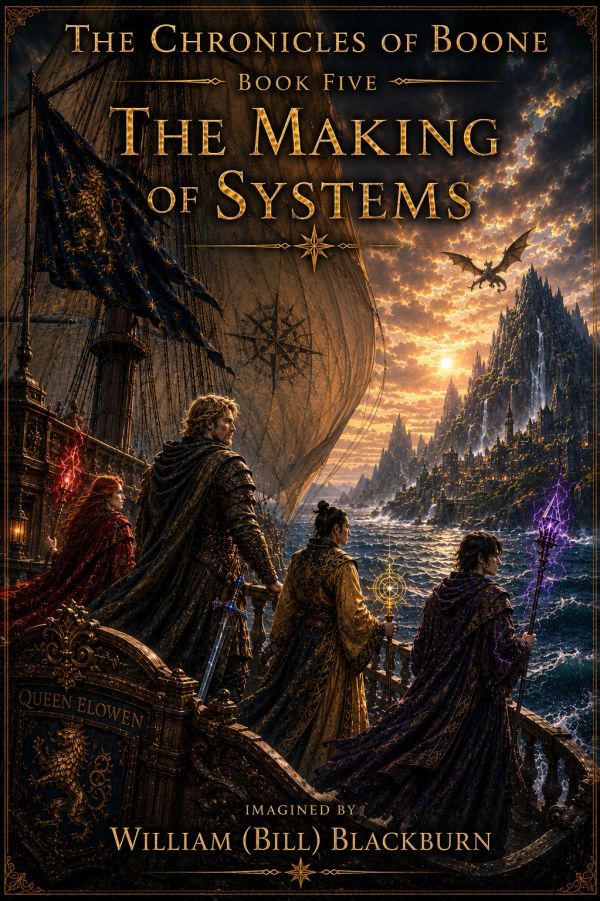 Fantasy book cover with adventurers on a ship facing a dragon and castle.