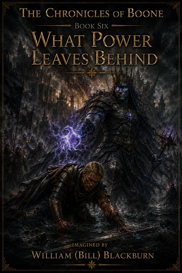 Epic fantasy book cover with dark mage overpowering a warrior.