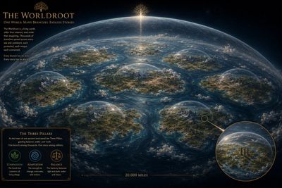 A fictional world called The Worldroot with multiple continents under domes.
