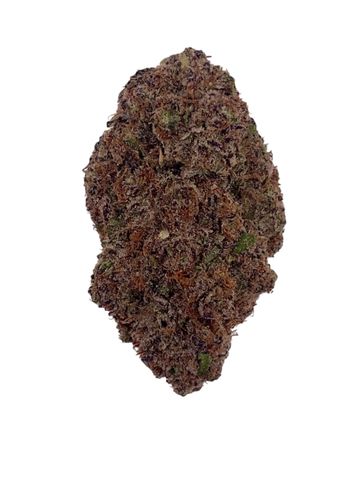 Close-up of a dense cannabis bud with purple and green hues.