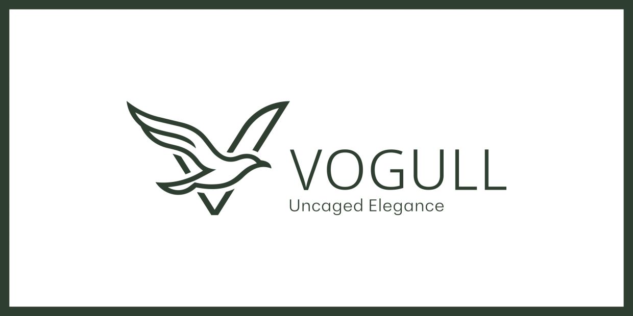 Minimalist Vogull logo with a flying bird and tagline Uncaged Elegance.