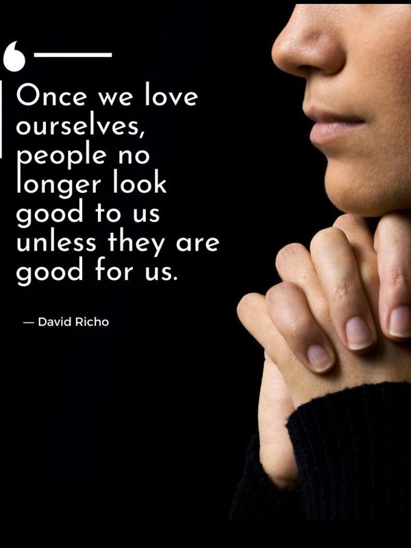 Profile of a person with hands clasped, alongside a quote about self-love and relationships.