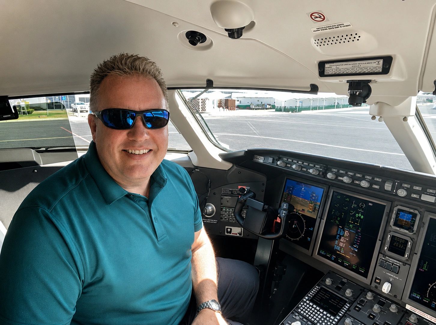 Man smiling inside a cockpit wearing sunglasses and teal shirt.