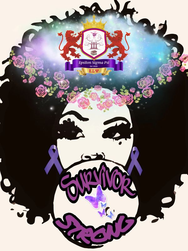 Artistic portrait with floral elements, purple ribbons, and "Survivor Strong" message.
