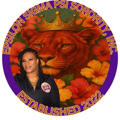 Woman posing in front of a crowned lion logo of Epsilon Sigma Psi Sorority, established 2022.