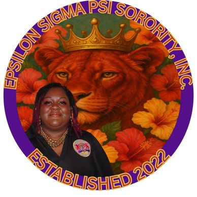 Woman in front of a crowned lion logo for Epsilon Sigma Psi Sorority.